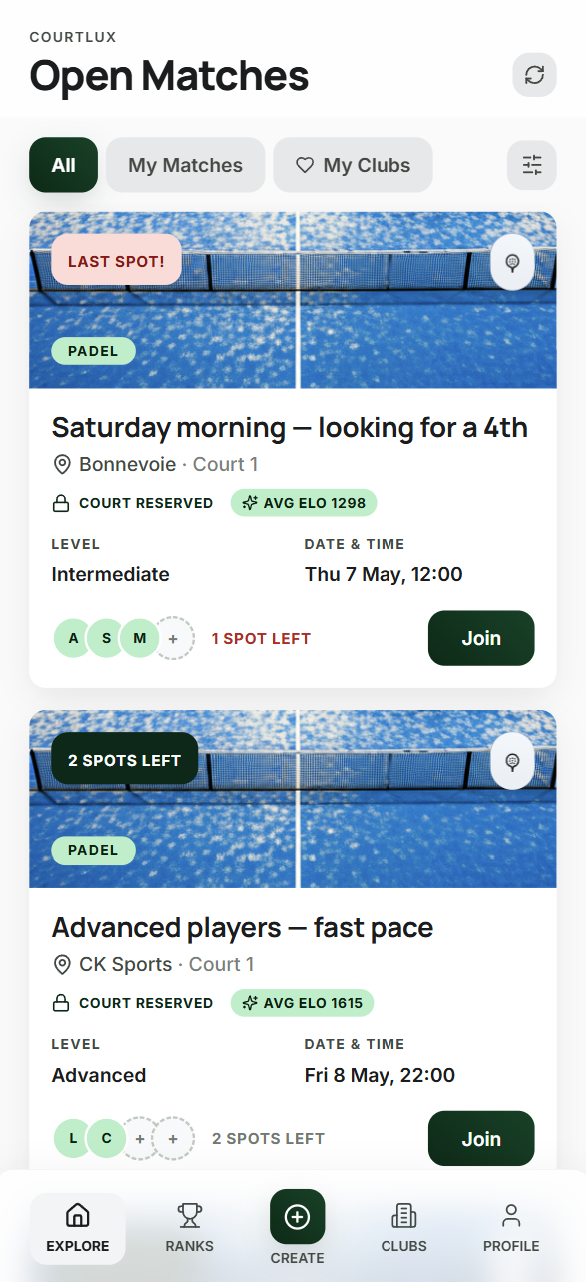 Explore open padel and tennis matches in Luxembourg